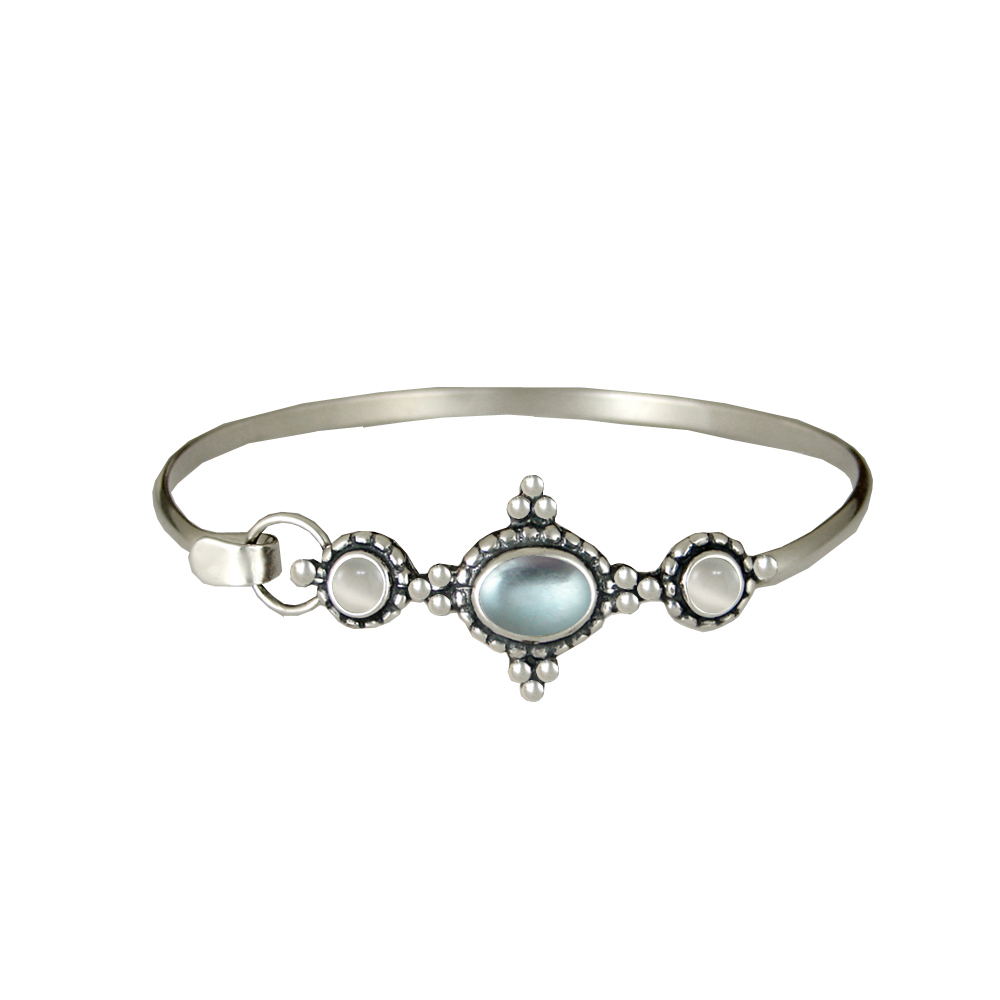 Sterling Silver Gemstone Strap Latch Spring Hook Bangle Bracelet Topaz And White Moonstone